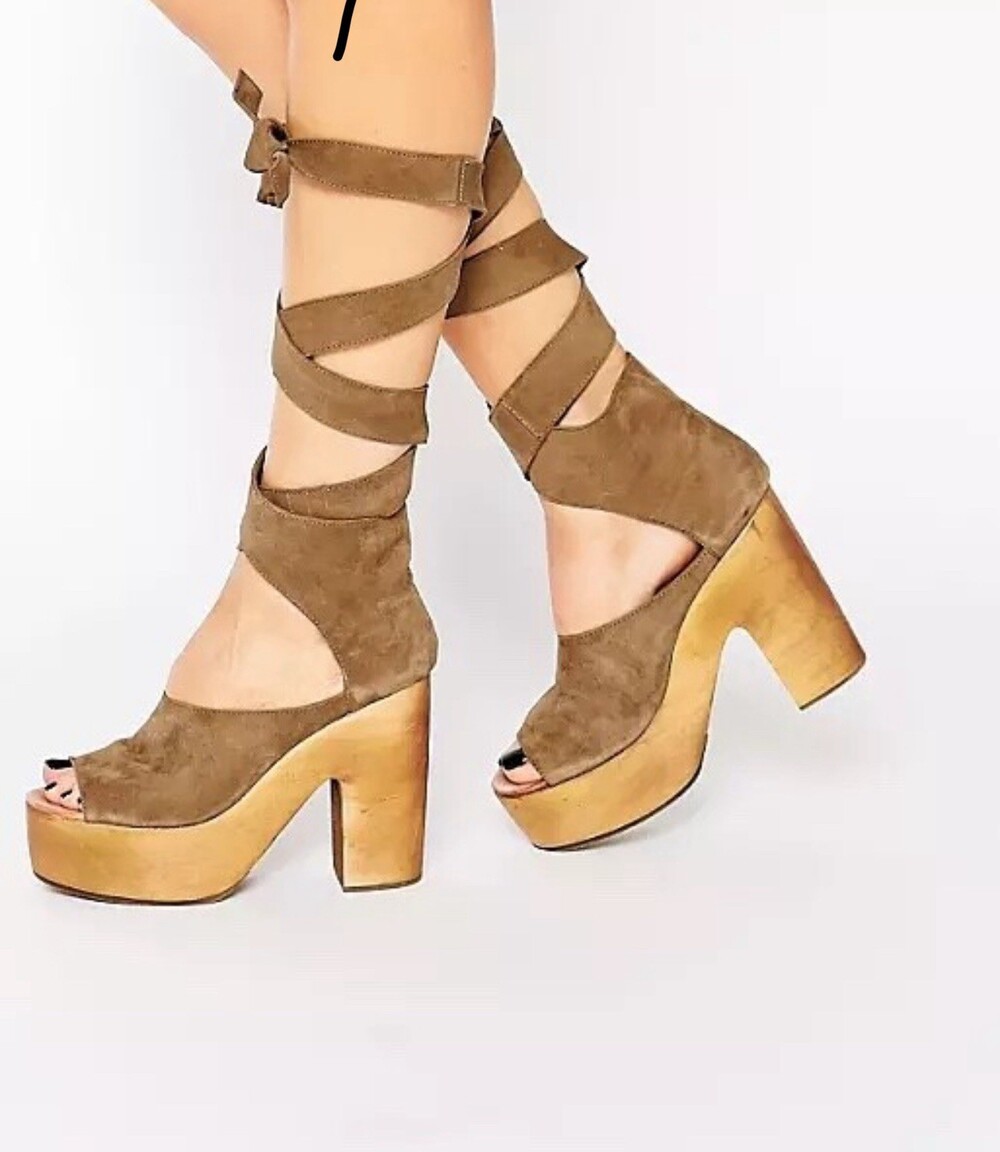 Free People Suede Touch the Sky Wrap Brown Wooden Platform Heels Size 7 EU 38